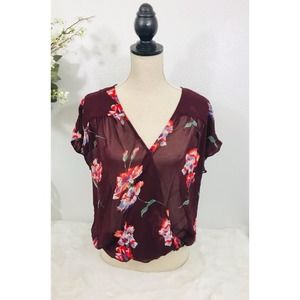 Lucky Brand Sheer Floral Wrap Front Blouse in Burgundy, S